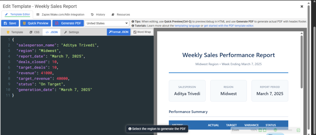 The preview shows exactly how your PDF will look. Check that all variables populate correctly before moving on.