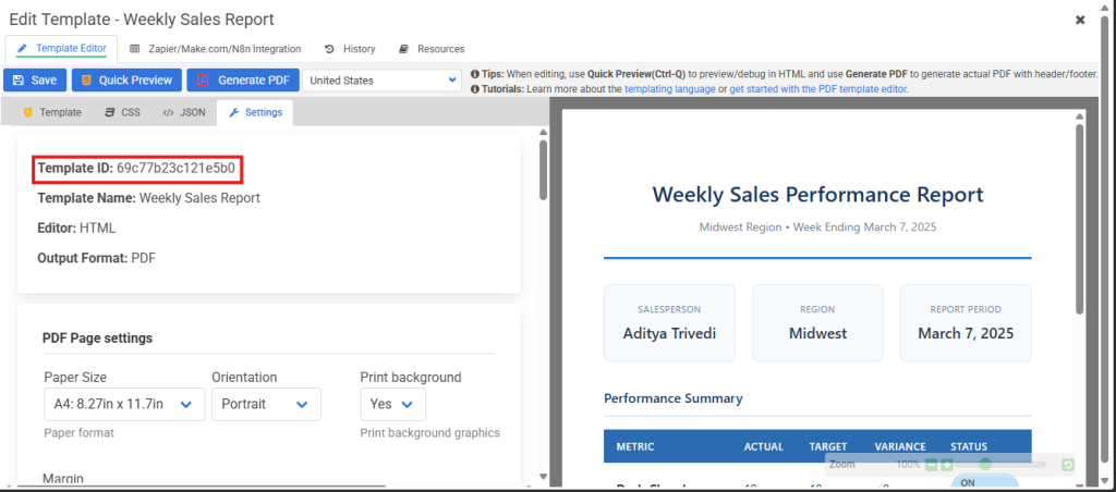 Copy your template ID from the URL or Settings tab. You’ll paste this into Make.com in the next section.