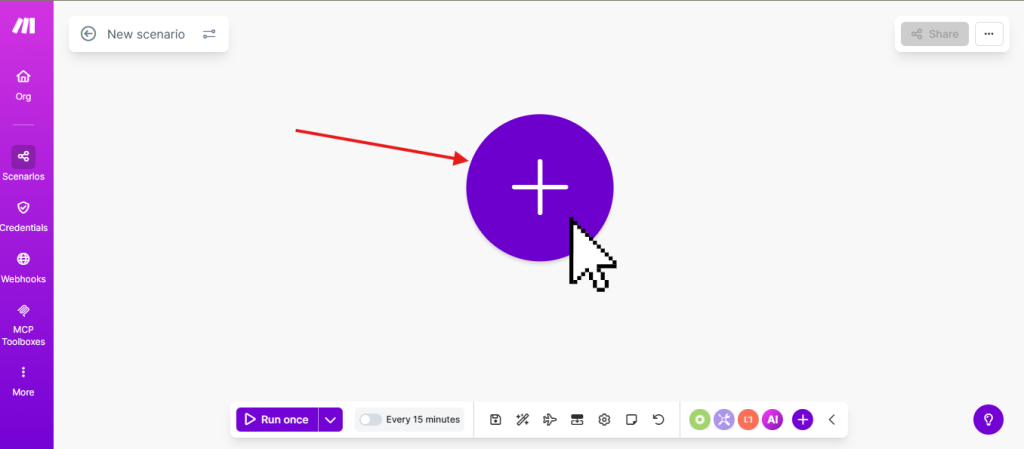 The scenario canvas is where you’ll build your automation. Click on the circle+ to create a module.