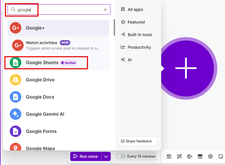 Search for ‘Google Sheets’ and select it to add the trigger module.
