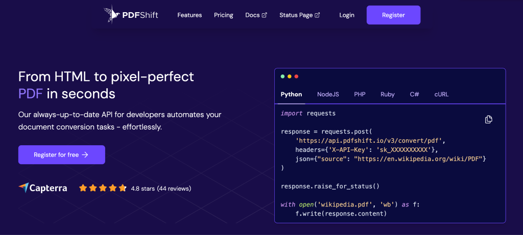 PDFShift HTML to PDF and image generation API
