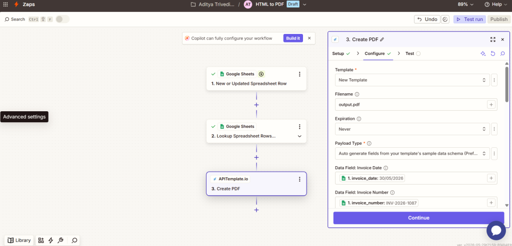 APITemplate PDF generation step configured in Zapier workflow