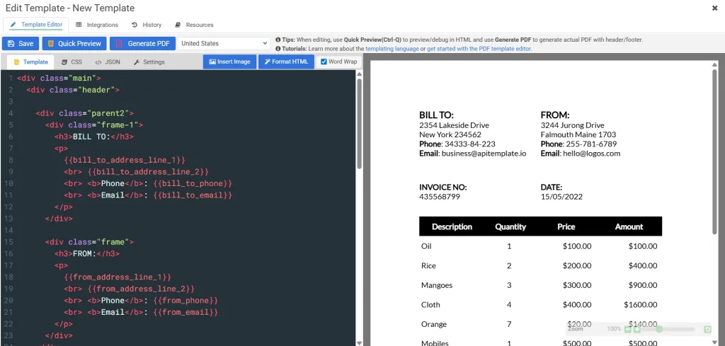 APITemplate.io HTML-to-PDF invoice template editor with live PDF preview for Zapier automation.