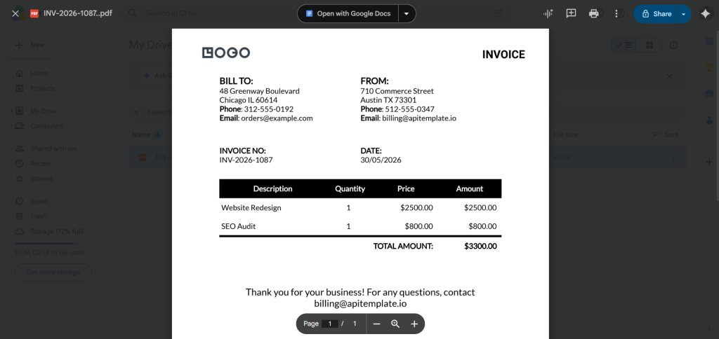 Generated invoice PDF stored and viewed in Google Drive