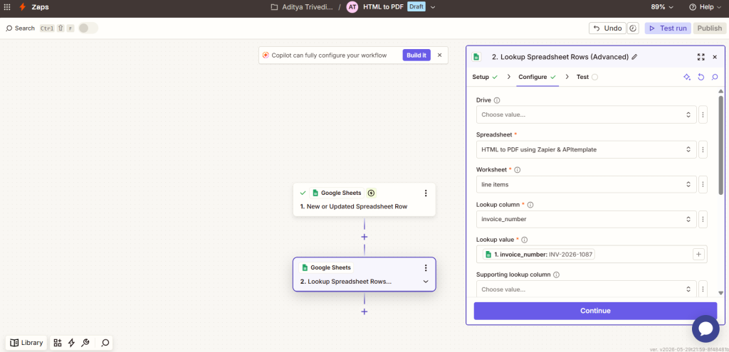 Google Sheets row lookup in Zapier for PDF generation