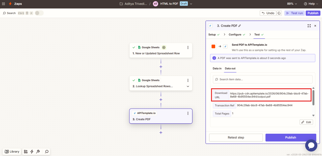 PDF generated successfully in Zapier using APITemplate integration
